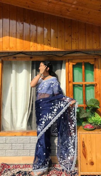 DESIGNER ORGANZA EMBROIDERY THREAD WORK SAREE WITH UNSTITCH BLOUSE BLUE