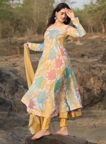 DESIGNER ORGANZA HAND WORK FOIL PRINTED GOWN BOTTOM WITH DUPATTA YELLOW