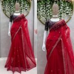 DESIGNER ORGANZA THREAD SEQUENCE WORK SAREE WITH UNSTITCHED BLOUSE PARTY WEAR WHOLESALE PRICE ETHNIC GARMENT (6)