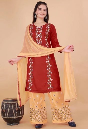 DESIGNER RAYON EMBROIDERY MULTI WORK  TOP PALAZZO WITH DUPATTA MAROON