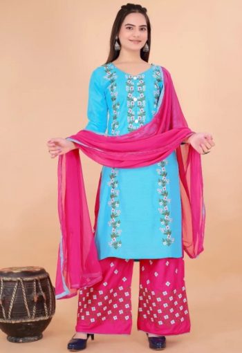 DESIGNER RAYON EMBROIDERY MULTI WORK  TOP PALAZZO WITH DUPATTA SKY