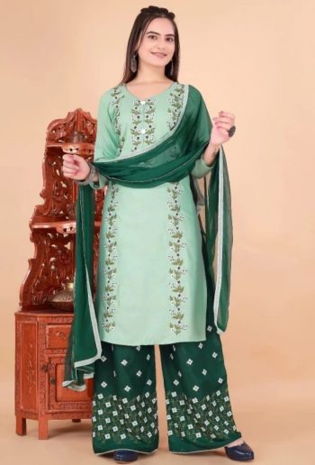 DESIGNER RAYON EMBROIDERY MULTI WORK  TOP PALAZZO WITH DUPATTA GREEN