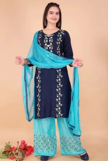 DESIGNER RAYON EMBROIDERY MULTI WORK  TOP PALAZZO WITH DUPATTA BLUE