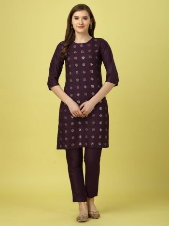 DESIGNER RAYON EMBROIDERY SEQUENCE WORK KURTI WITH PANT WINE