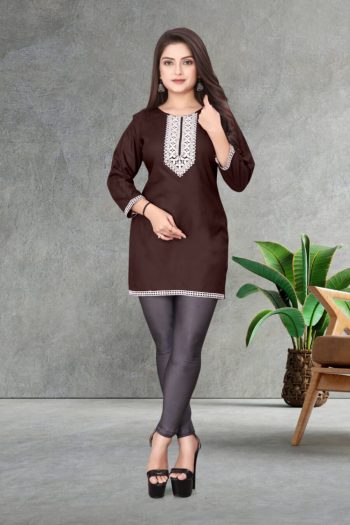 DESIGNER RAYON EMBROIDERY SEQUENCE WORK SHORT KURTI COFFEE