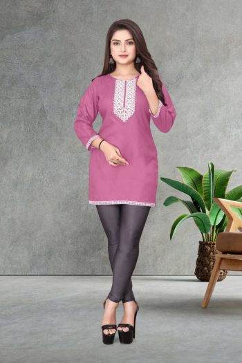 DESIGNER RAYON EMBROIDERY SEQUENCE WORK SHORT KURTI PINK