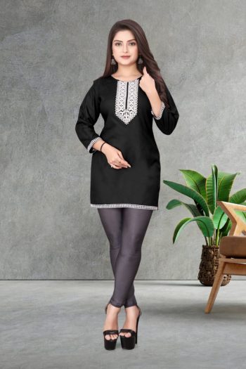 DESIGNER RAYON EMBROIDERY SEQUENCE WORK SHORT KURTI BLACK