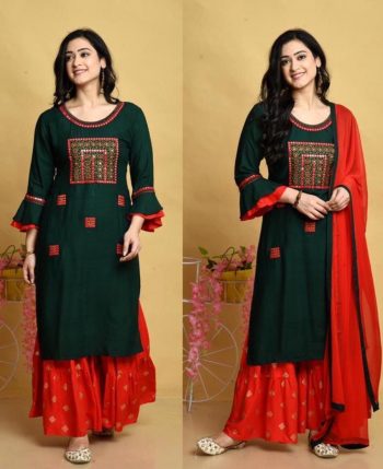 DESIGNER RAYON EMBROIDERY  WITH PAPER MIRROR WORK TOP SHARARA WITH DUPATTA  RED