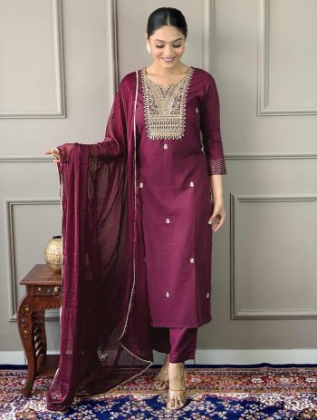 DESIGNER RAYON EMBROIDERY WORK TOP BOTTOM WITH DUPATTA MAROON