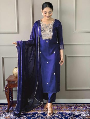 DESIGNER RAYON EMBROIDERY WORK TOP BOTTOM WITH DUPATTA BLUE
