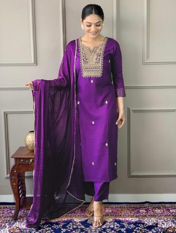 DESIGNER RAYON EMBROIDERY WORK TOP BOTTOM WITH DUPATTA PURPLE
