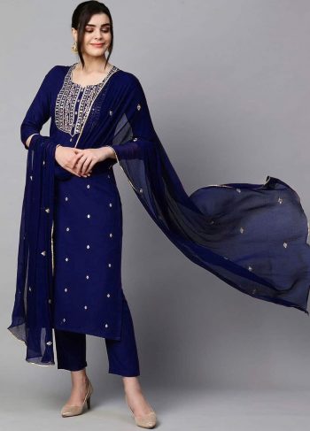 DESIGNER RAYON EMBROIDERY WORK TOP PANT WITH DUPATTA NAVY BLUE