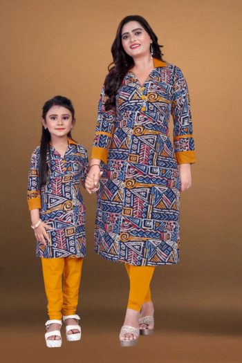 DESIGNER RAYON PRINTED TOP BOTTOM MOTHER DAUGHTER COMBO BLUE