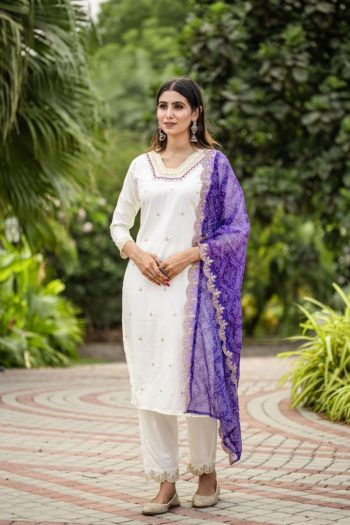 DESIGNER ROMAN SILK SEQUENCE EMBROIDERY WORK TOP BOTTOM WITH DUPATTA WHITE