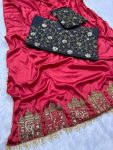 DESIGNER SATIN SILK ZARI SEQUENCE WITH PEAL MOTI LACE WORK SAREE WITH UNSTITCHED BLOUSE PARTY WEAR WHOLESALE PRICE ETHNIC GARMENT (2)