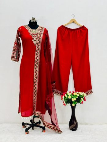 DESIGNER SILK EMBROIDERY SEQUENCE WORK TOP PALAZZO WITH DUPATTA RED