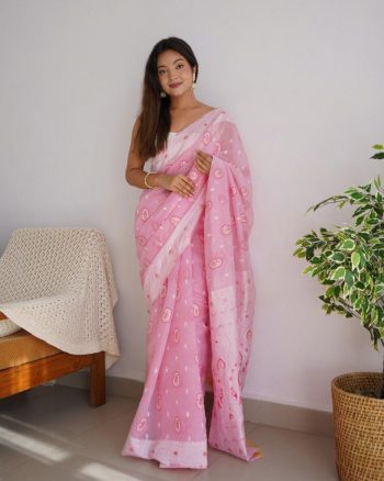 TRENDING  SOFT COTTON JACQUARD WEAVING WORK SAREE WITH UNSTITCHED BLOUSE LIGHT PINK