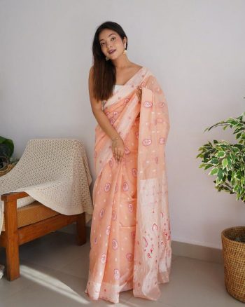 FASHIONABLE SOFT COTTON JACQUARD WEAVING WORK SAREE WITH UNSTITCHED BLOUSE LIGHT PEACH