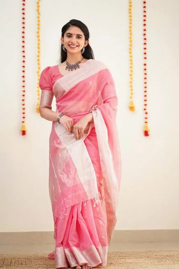 DESIGNER SOFT COTTON WEAVING JACQUARD BORDER SAREE WITH UNSTITCHED BLOUSE