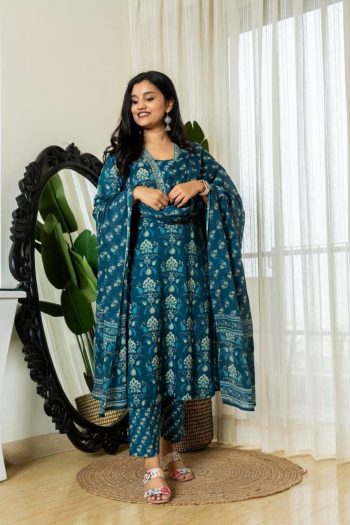 FANCY COTTON HAND WORK TOP PANT WITH DUPATTA SKY