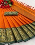 FANCY COTTON SILK JACQUARD WEAVING WORK SAREE WITH UNSTTICHED BLOUSE ORANGE