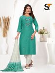 FANCY  COTTON THREAD WORK TOP PANT WITH DUPATTA SKY