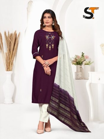 FANCY  COTTON THREAD WORK TOP PANT WITH DUPATTA PURPLE