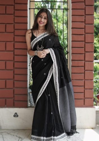 ANCY COTTON WEAVING JACQUARD BORDER WORK SAREE WITH UNSTITCHED BLOUSE BLACK