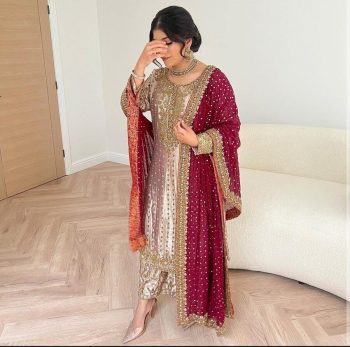 FANCY DEVSENA SILK HEAVY EMBROIDERY SEQUENCE WORK FULL SLEEVE TOP PALAZZO WITH DUPATTA OFF WHITE