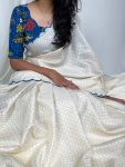 FANCY GADHWAL CHEX ARCA WORK SAREE WITH UNSTICTHED BLOUSE WHITE