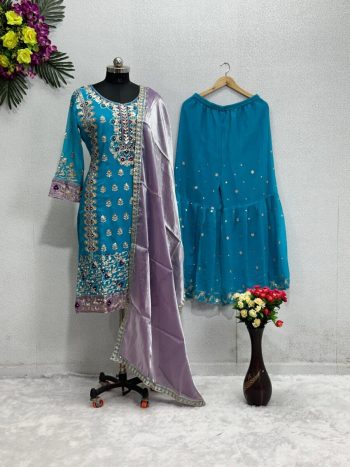 FANCY GEORGETTE CHAIN SEQUENCE WORK TOP PALAZZO WITH DUPATTA SKY