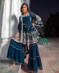 FANCY GEORGETTE EMBROIDERY MOTI LACE WORK TOP SHARARA WITH DUPATTA BLUE