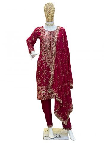 FANCY GEORGETTE EMBROIDERY SEQUENCE WORK TOP BOTTOM WITH DUPATTA MAROON
