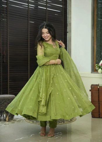 FANCY GEORGETTE EMBROIDERY WORK GOWN BOTTOM WITH DUPATTA PARROT GREEN