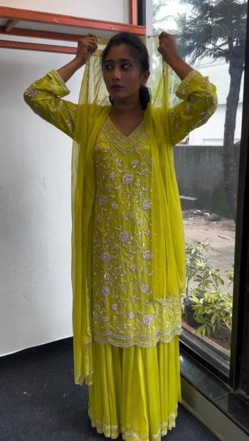 FANCY GEORGETTE SEQUENCE WORK TOP PALAZZO WITH DUPATTA PARROT GREEN