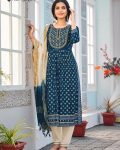FANCY RAYON GOLD PRINT EMBROIDERY HAND WORK TOP BOTTOM WITH DUPATTA RAMA
