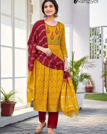 FANCY RAYON GOLD PRINT EMBROIDERY HAND WORK TOP BOTTOM WITH DUPATTA YELLOW