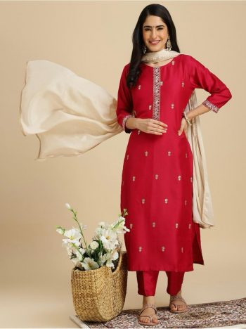 FANCY ROMAN SILK EMBROIDERY SEQUENCE WORK TOP PANT DUPATTA RED