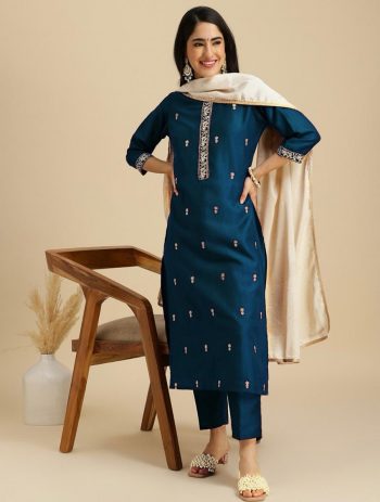 FANCY ROMAN SILK EMBROIDERY SEQUENCE WORK TOP PANT DUPATTA BLUE