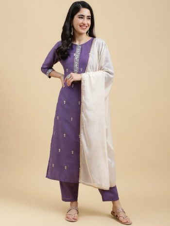FANCY ROMAN SILK EMBROIDERY SEQUENCE WORK TOP PANT DUPATTA LAVENDER
