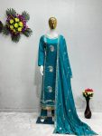 FANCY ROMAN SILK EMBROIDERY WITH MIRRO R WORK TOP PALAZZO WITH DUPATTA SKY