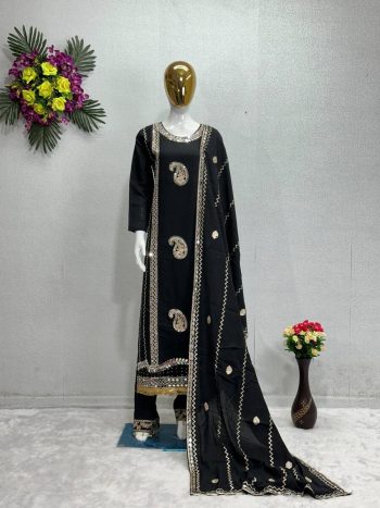 FANCY ROMAN SILK EMBROIDERY WITH MIRRO R WORK TOP PALAZZO WITH DUPATTA BLACK