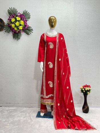 FANCY ROMAN SILK EMBROIDERY WITH MIRRO R WORK TOP PALAZZO WITH DUPATTA RED