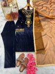 FANCY VISCOSE VELVET EMBROIDERY SEQUENCE WORK WITH BELL SLEEVE AND LATKAN TOP BOTTOM WITH DUPATTA PARTY WEAR WHOLESALE PRICE ETHNIC GARMENT (1)