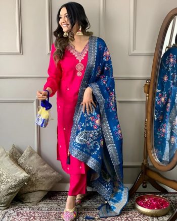 FASHIONABLE CHANDERI SILK CODING SEQUENCE EMBROIDERY WORK TOP BOTTOM WITH DUPATTA PINK