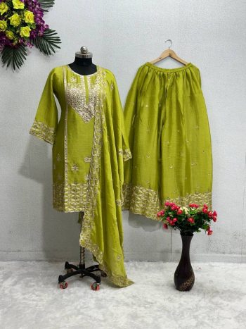 FASHIONABLE CHINON CHAIN SEQUENCE WORK TOP PALAZZO WITH DUPATTA  PARROT GREEN