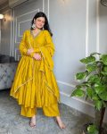 FASHIONABLE CHINON EMBROIDERY WORK ALIA CUT GOWN PALAZZO WITH DUPATTA YELLOW