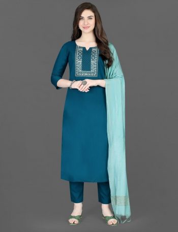 FASHIONABLE COTTON SILK EMBROIDERY WORK TOP BOTTOM WITH DUPATTA RAMA
