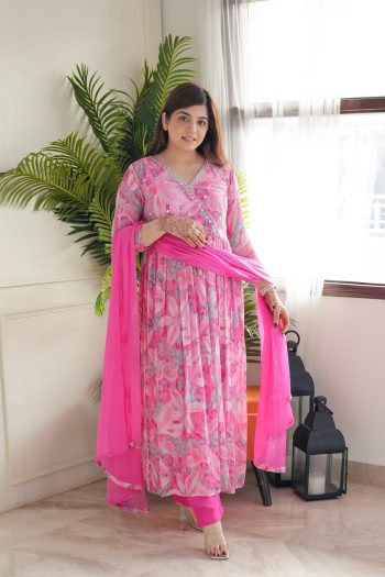 FASHIONABLE GEORGETTE EMBROIDERY PRINTED GOWN BOTTOM WITH DUPATTA PINK