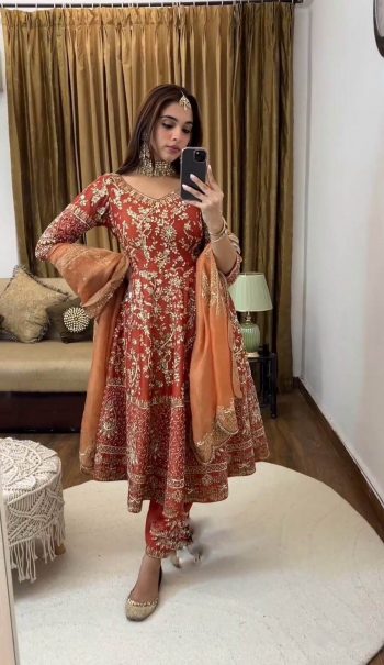 FASHIONABLE GEORGETTE EMBROIDERY SEQUENCE WORK GOWN BOTTOM WITH DUPATTA ORANGE
